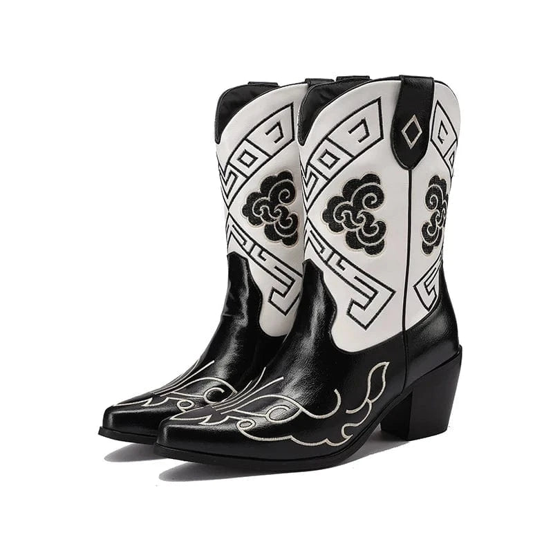 Svartvita Låga Cowboyboots med Grafiskt Broderi för Dam Svart / 35