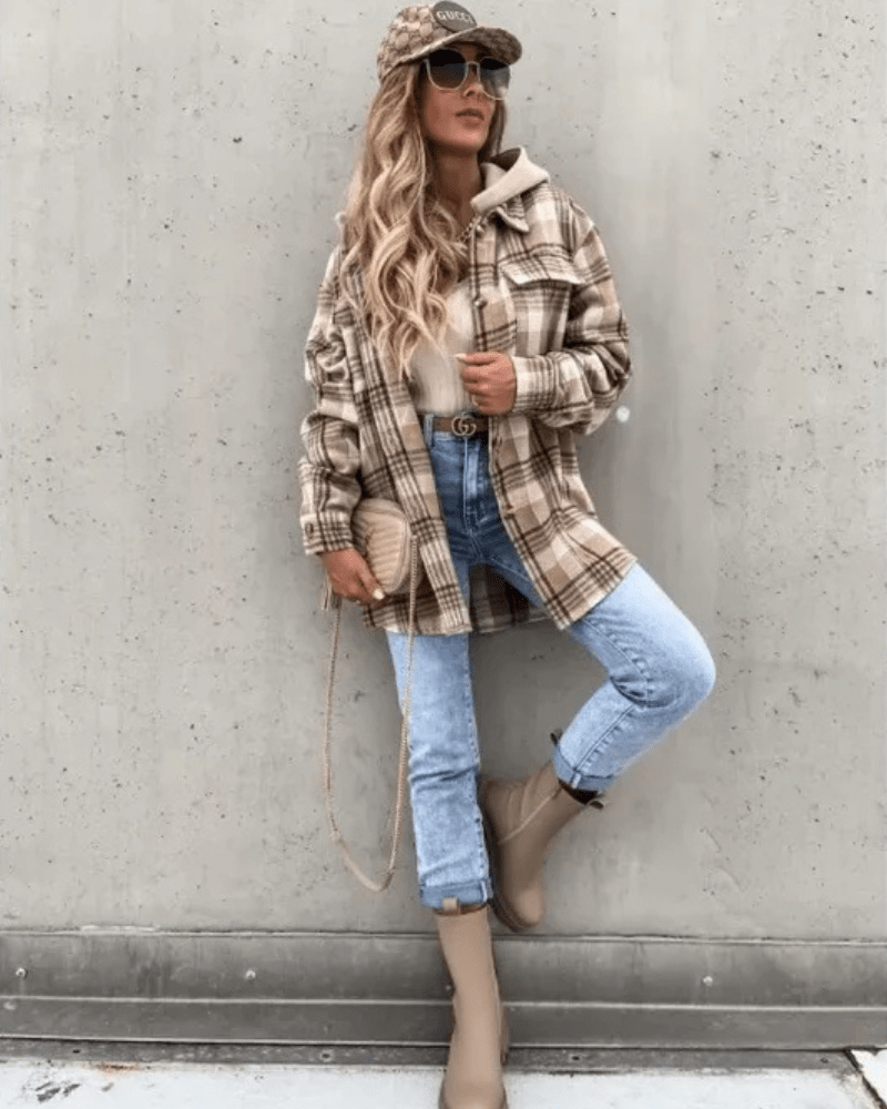 Fodrad rutig hoodie-skjorta dam