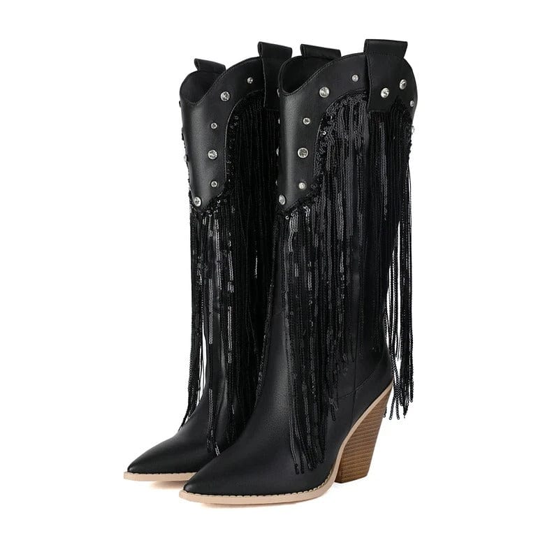 Fransiga Cowboyboots i Glansig Läderlook med Kilklack
