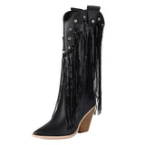 Fransiga Cowboyboots i Glansig Läderlook med Kilklack Svart / 35