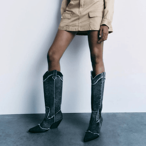 Höga Cowboyboots i Denim med Strass