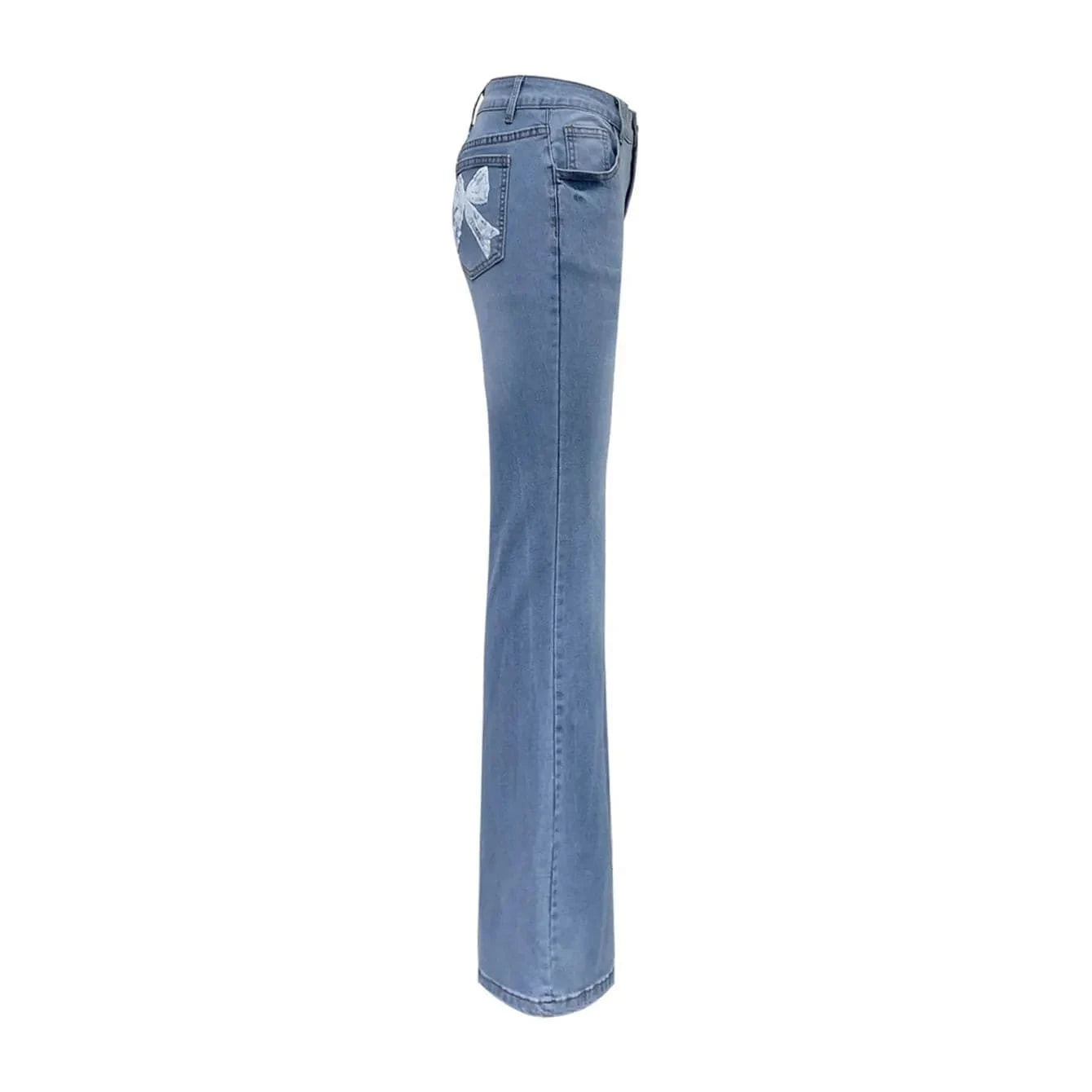 Högmidjade blå flare jeans med rosett-broderi för dam