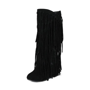 Knee-high cowboyboots med långa mockafransa Svart / 36