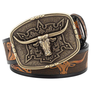 Läderbälte western longhornspänne Brons Kamel / 95cm