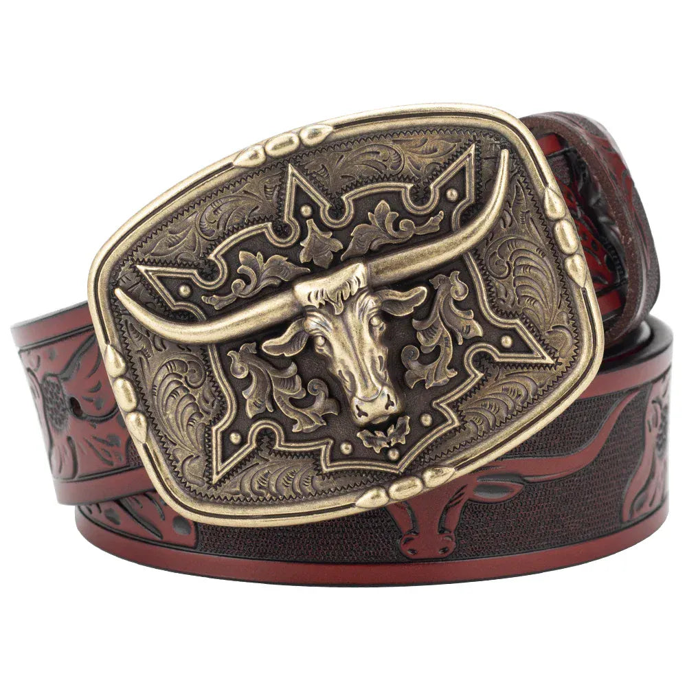 Läderbälte western longhornspänne Brons Rödbrun / 95cm