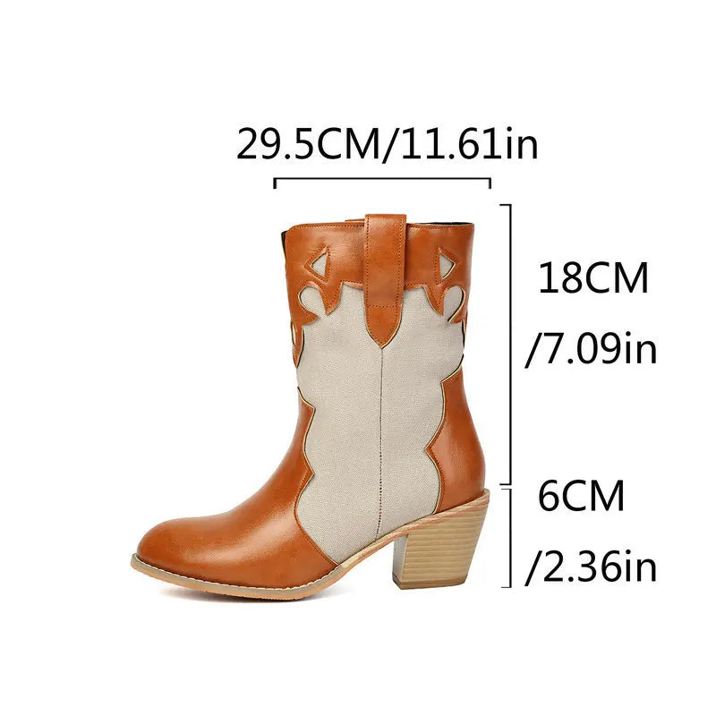 Låga Cowboyboots i västernstil med utskuret mönster och blockklack