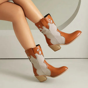 Låga Cowboyboots i västernstil med utskuret mönster och blockklack