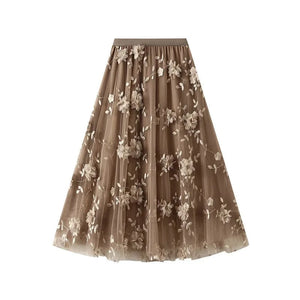 Lång tyllkjol med 3D-blombroderi Khaki / One Size