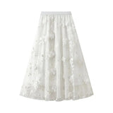 Lång tyllkjol med 3D-blombroderi Vit / One Size
