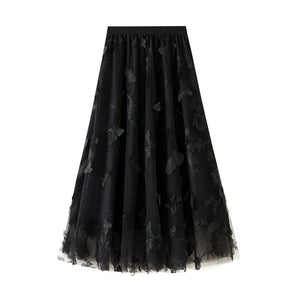 Lång tyllkjol med broderade fjärilar Svart / One size