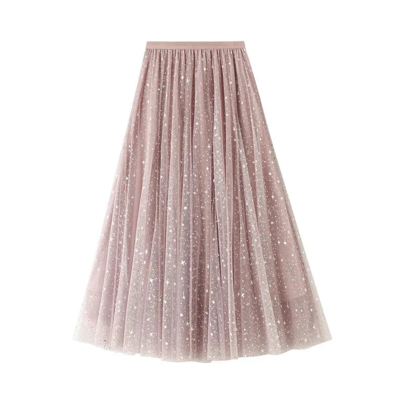 Lång tyllkjol med glittrig stjärnhimmel Rosa / One Size