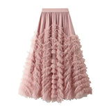 Lång tyllkjol med kaskadvolanger Rosa / One Size