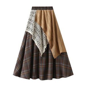 Långkjol i patchwork-stil med spets och rutigt mönster Kaffe / One Size