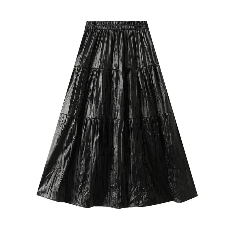 Maxikjol i plisserad skinnimitation Svart / One Size