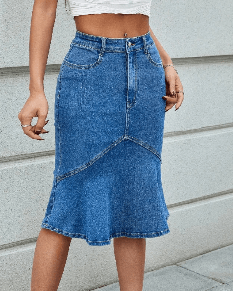 Midi jeanskjol med volang
