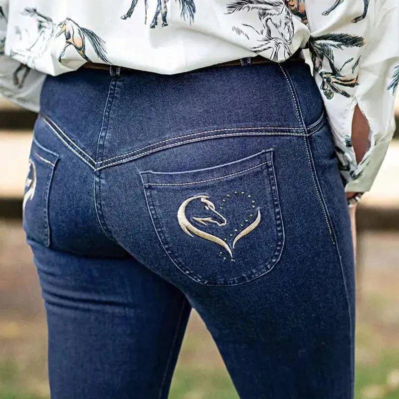 Mörkblå bootcut jeans med broderat hjärta och hästmotiv
