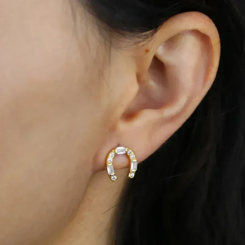 New 925 Sterling Silver Gold Color Mini Bling CZ Snaffle Bit Shape Stud Earring Charm Equestrian Horse Jewelry
