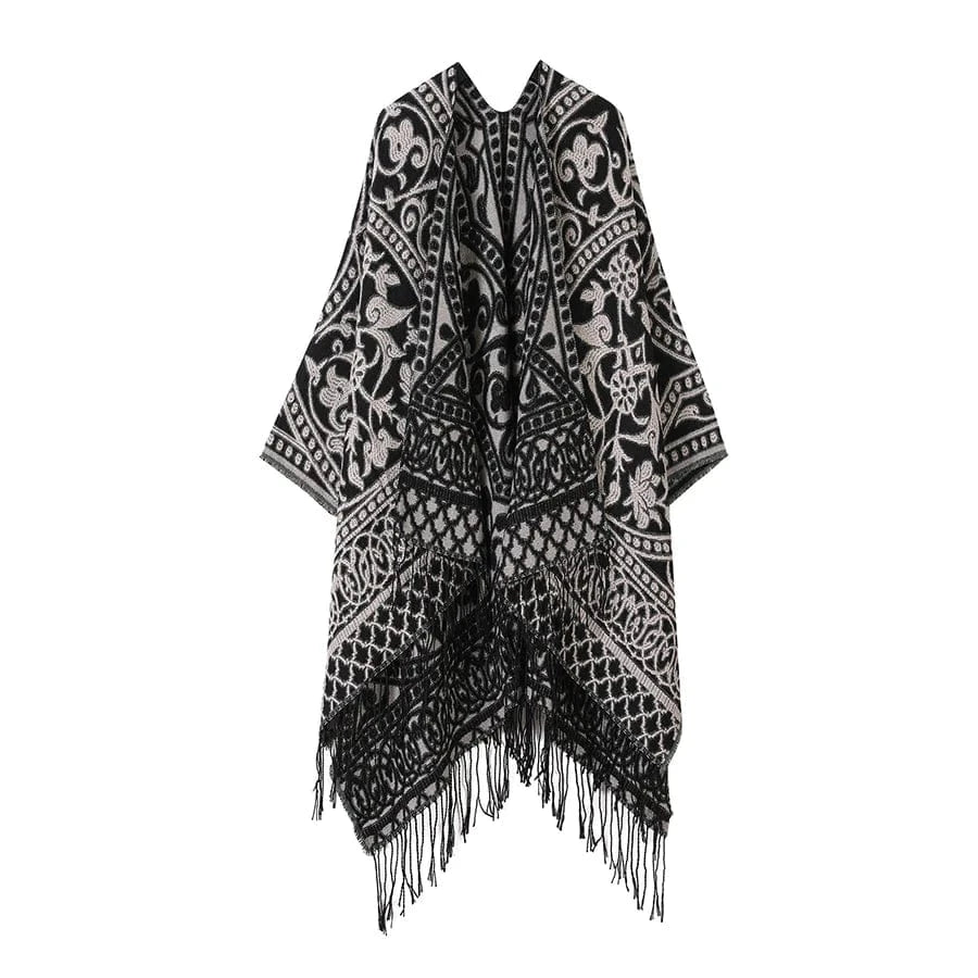 Öppen poncho med blommigt jacquardmönster
