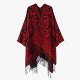 Öppen poncho med blommigt jacquardmönster Röd / One Size