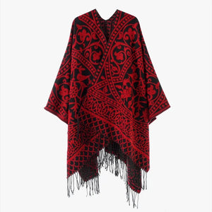Öppen poncho med blommigt jacquardmönster Röd / One Size