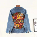 Oversize jeansjacka dam med blombroderi Blå / S