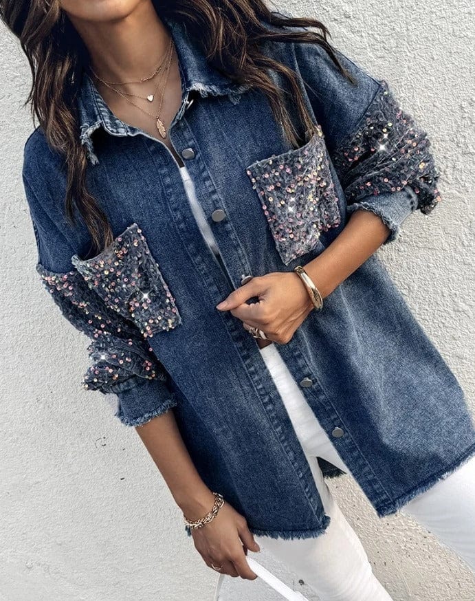 Oversize jeansjacka dam med paljetter