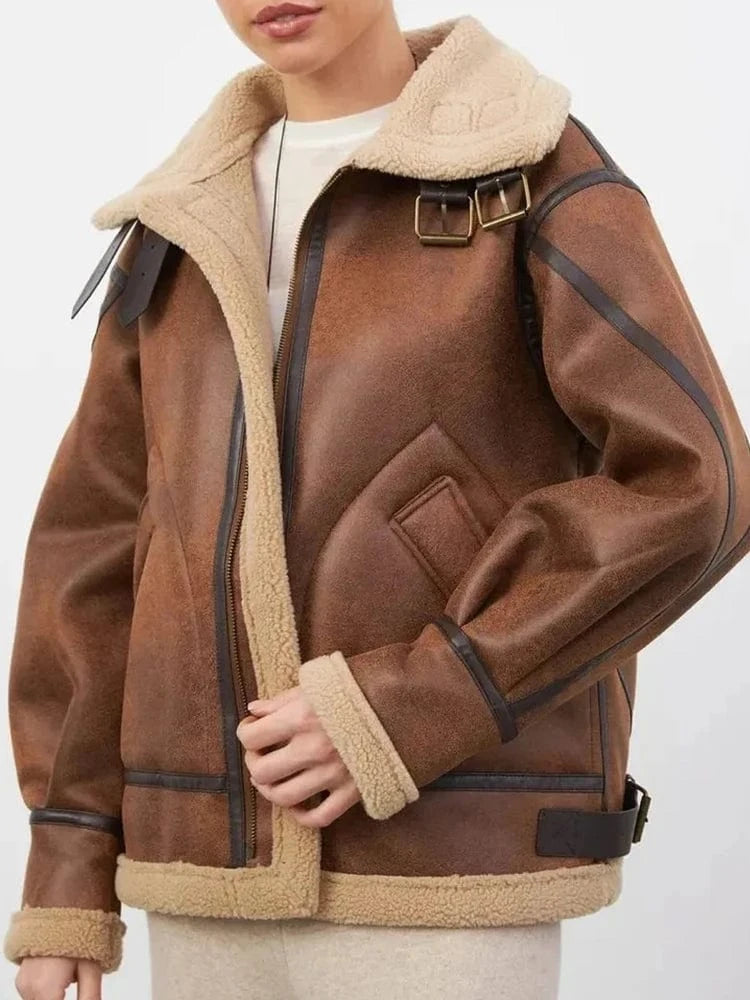 Oversize pilotjacka i mockaimitation med teddyfoder Brun / S