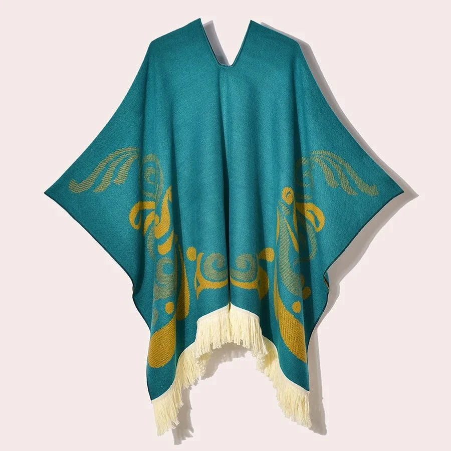 Poncho med fransar Turkos med guldgul / One Size