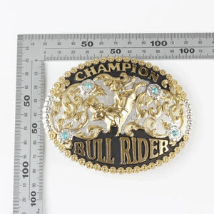 Rodeo Champion Bältesspänne "Bull Rider" med Turkos Strass Guld och silver
