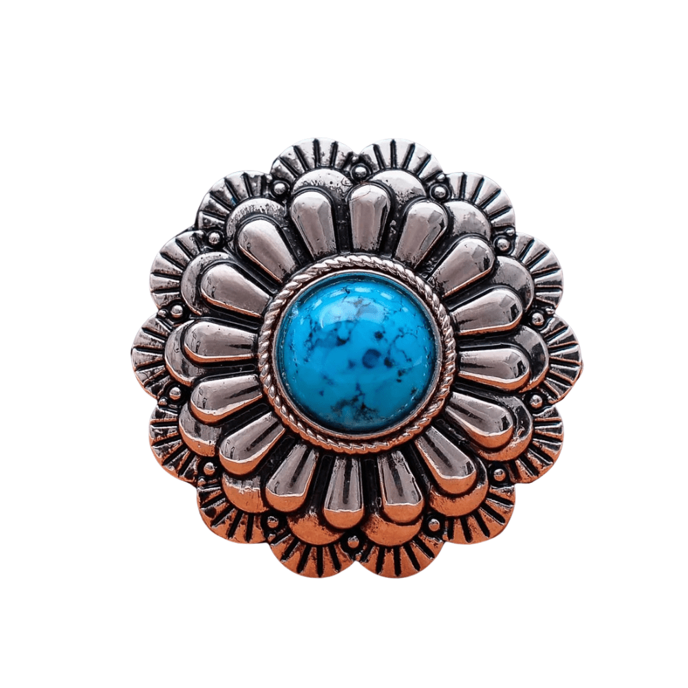 Silver Concho med 3D-Blomdesign och Färgad Pärla Ljusblå pärla / 2st