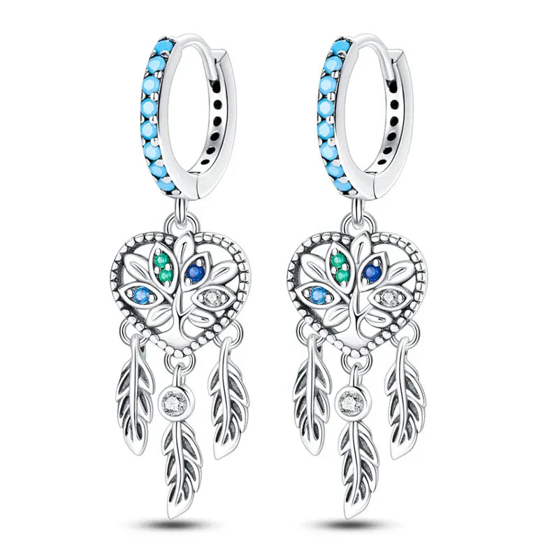Silverörhängen Drömfångare med Hjärta Blå och grön