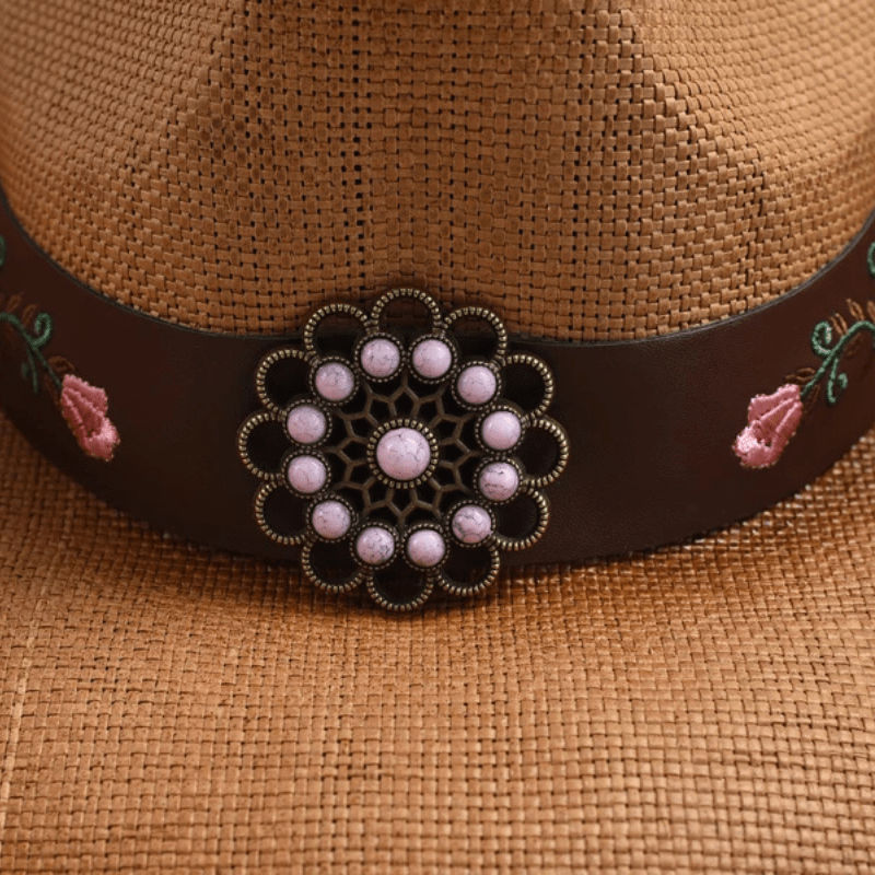 Strå Cowboyhatt med Broderad Läderrem