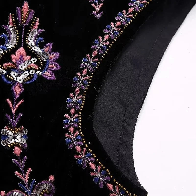 Svart Sammetsväst med Rosa Lila Silver Paljetter Broderi
