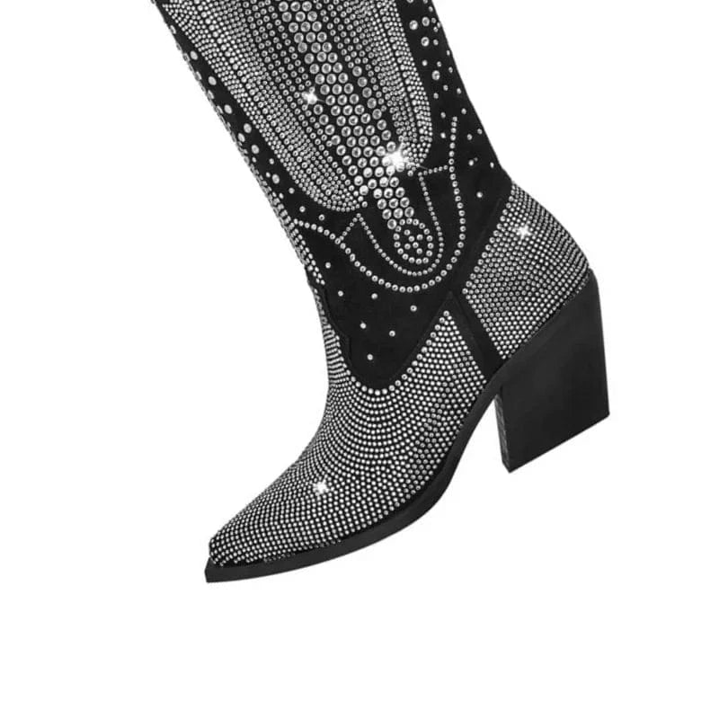 Svarta Höga Cowboystövlar med Strass för Dam