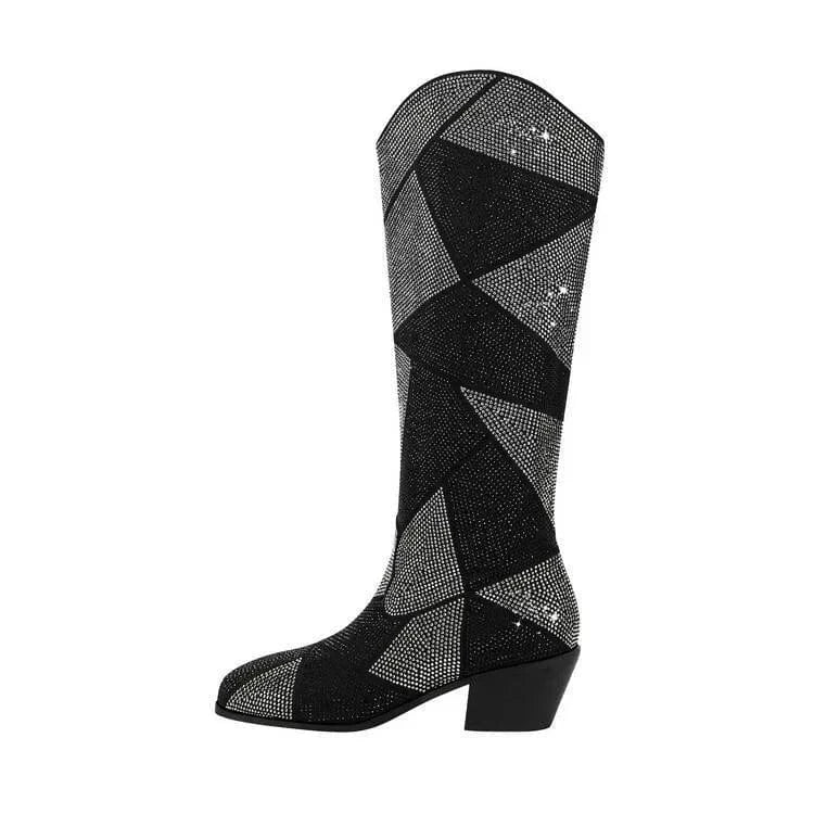 Svarta Höga Cowboystövlar med Strass för Dam Geometriskt - Svart / 35