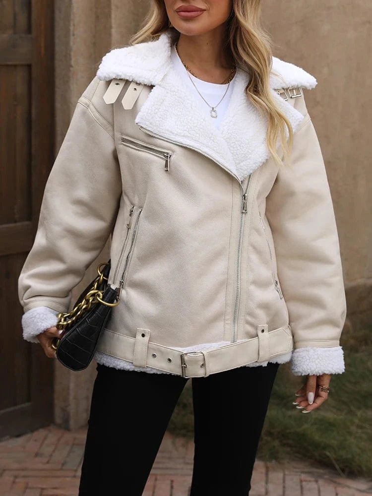 Varm beige shearlingjacka i skinnimitation