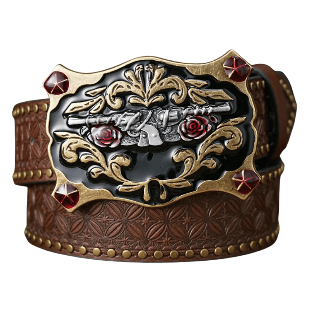Vintage westernbälte med pistoldetaljer Mörkbrun / 120cm