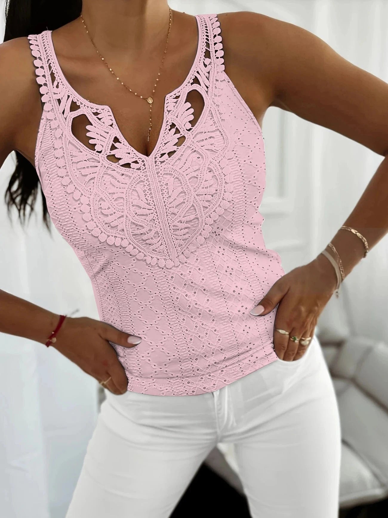 Virkad ärmlös blus i broderie anglaise Rosa / S