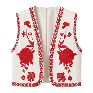 Vit Broderad Väst med Röda Blommor Vit / S
