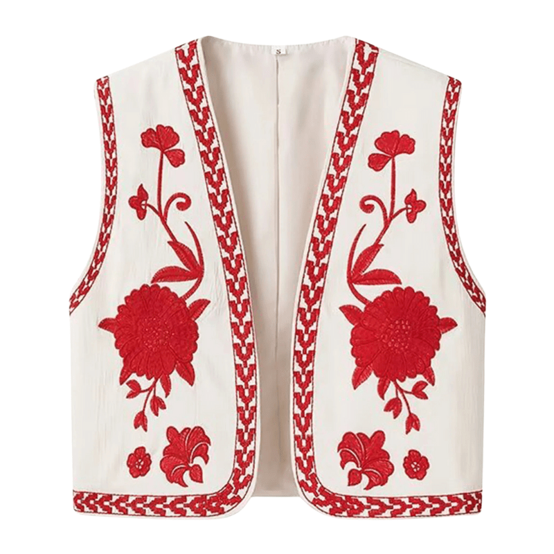 Vit Broderad Väst med Röda Blommor Vit / S