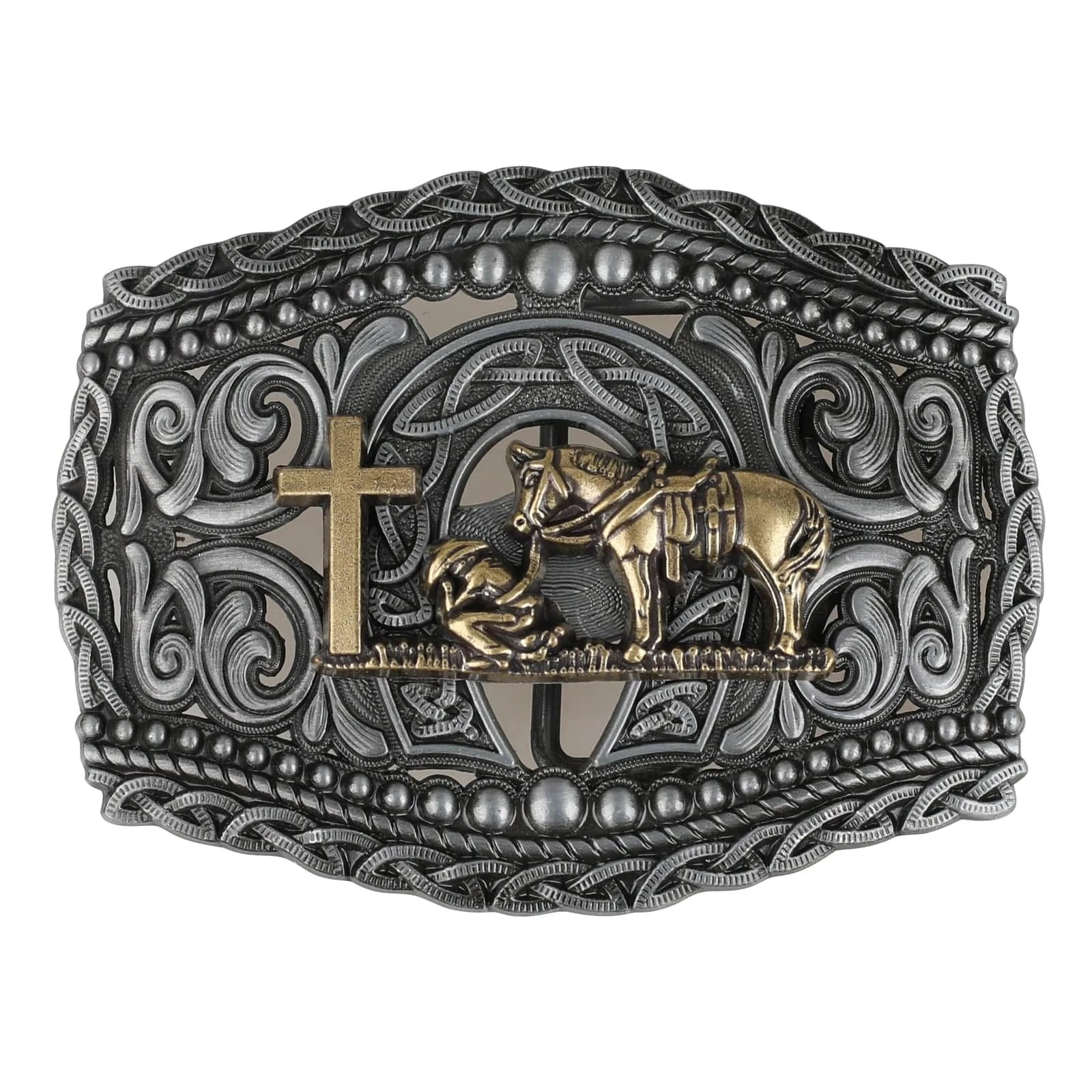 Western Bältesspänne i Metall med Präglad Design Kors-brons