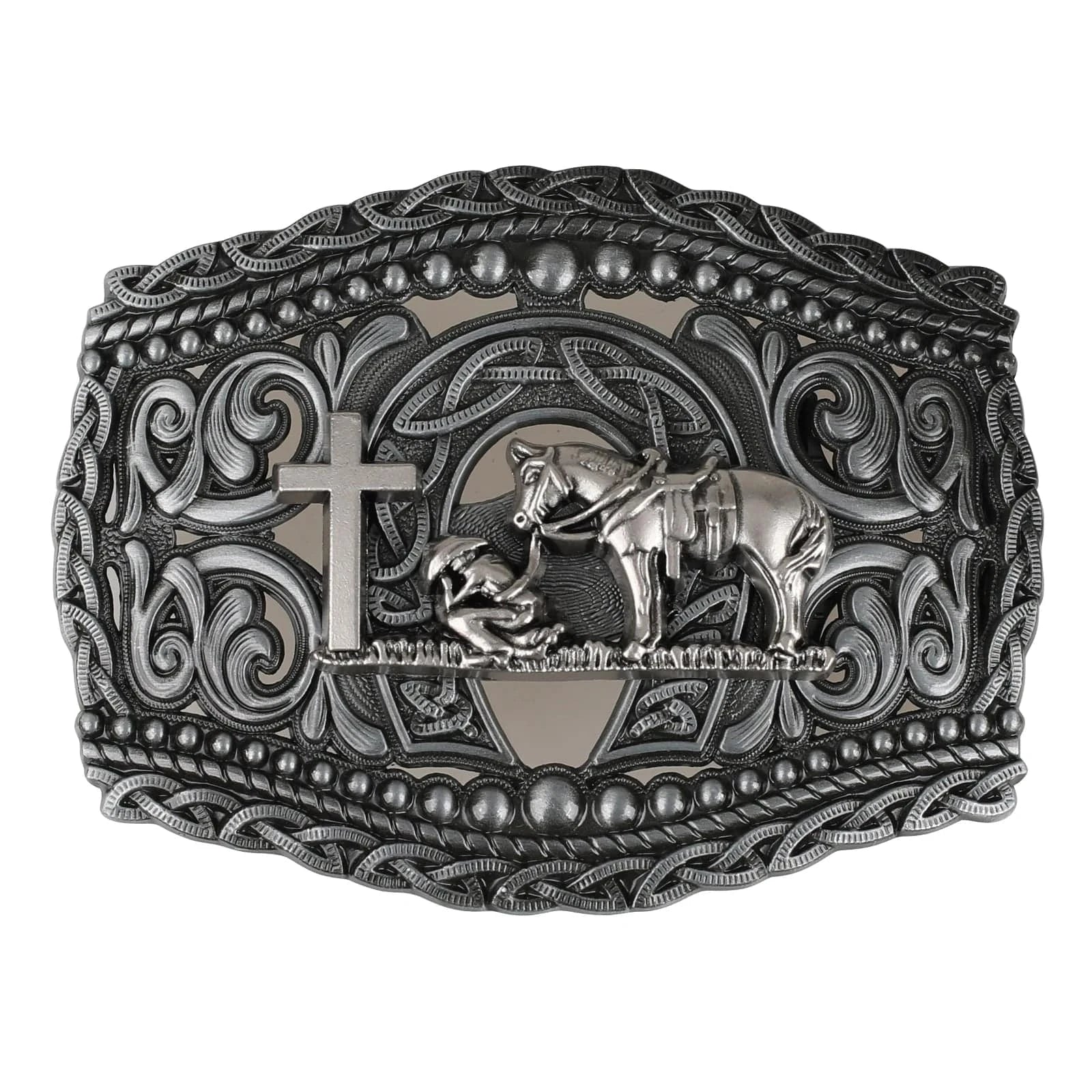 Western Bältesspänne i Metall med Präglad Design Kors-silver