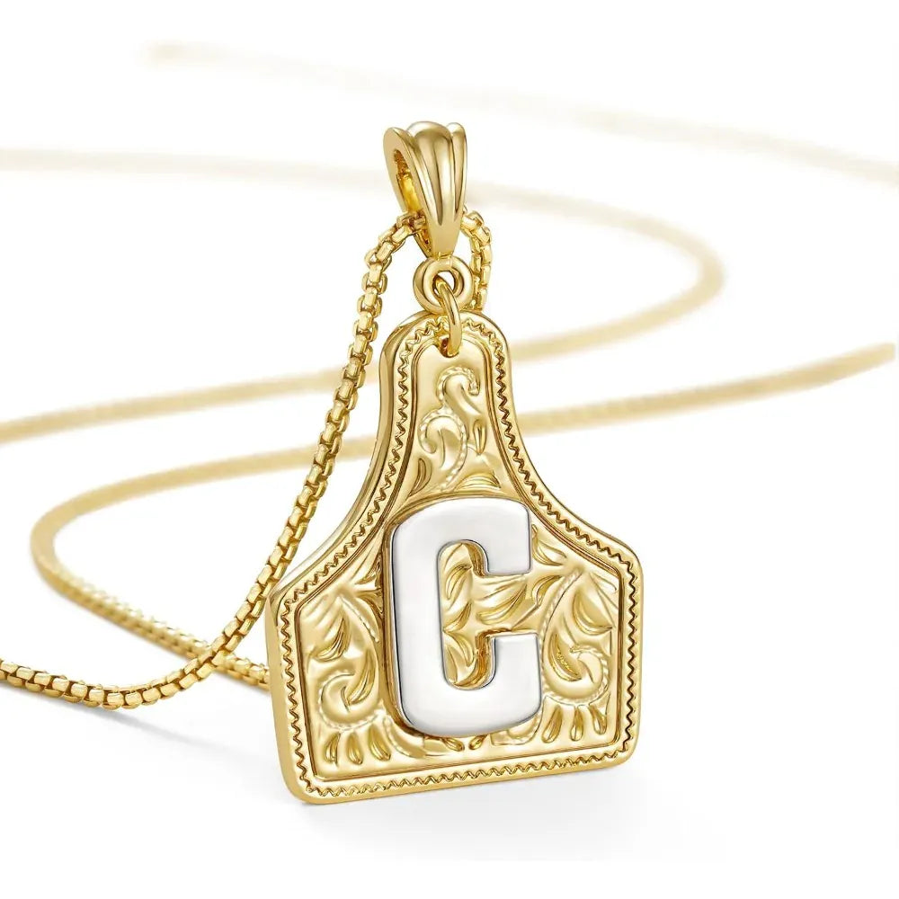 Western Cowgirl Initial Necklace Cowboy A-Z Letter Pendant Necklace for Women Handmade CowTag Two-Toned Jewelry Gift C / With cowboy box
