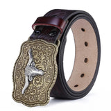Westernbälte i Äkta Läder med Präglat Motiv och Stora Buckles Brunröd och guld / 110cm
