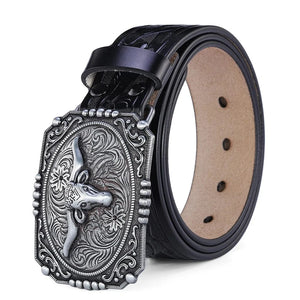 Westernbälte i Äkta Läder med Präglat Motiv och Stora Buckles Svart och silver 2 / 110cm