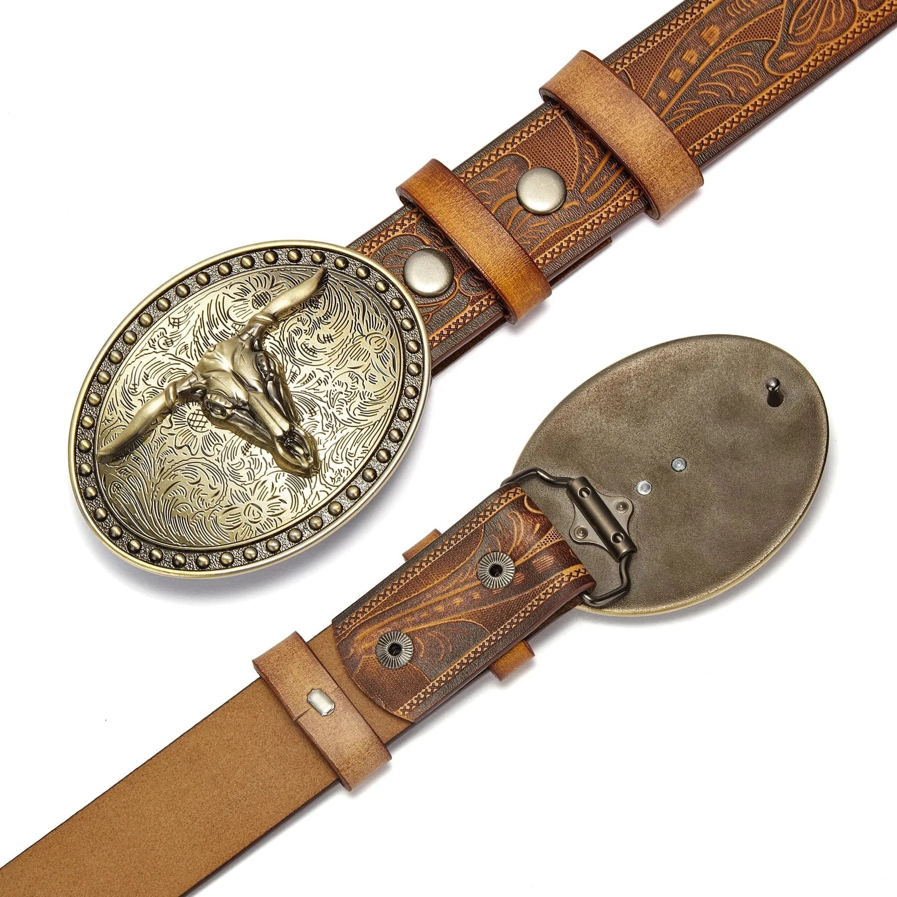 Westernbälte i Präglat Läder med Guldfärgat Longhorn-spänne