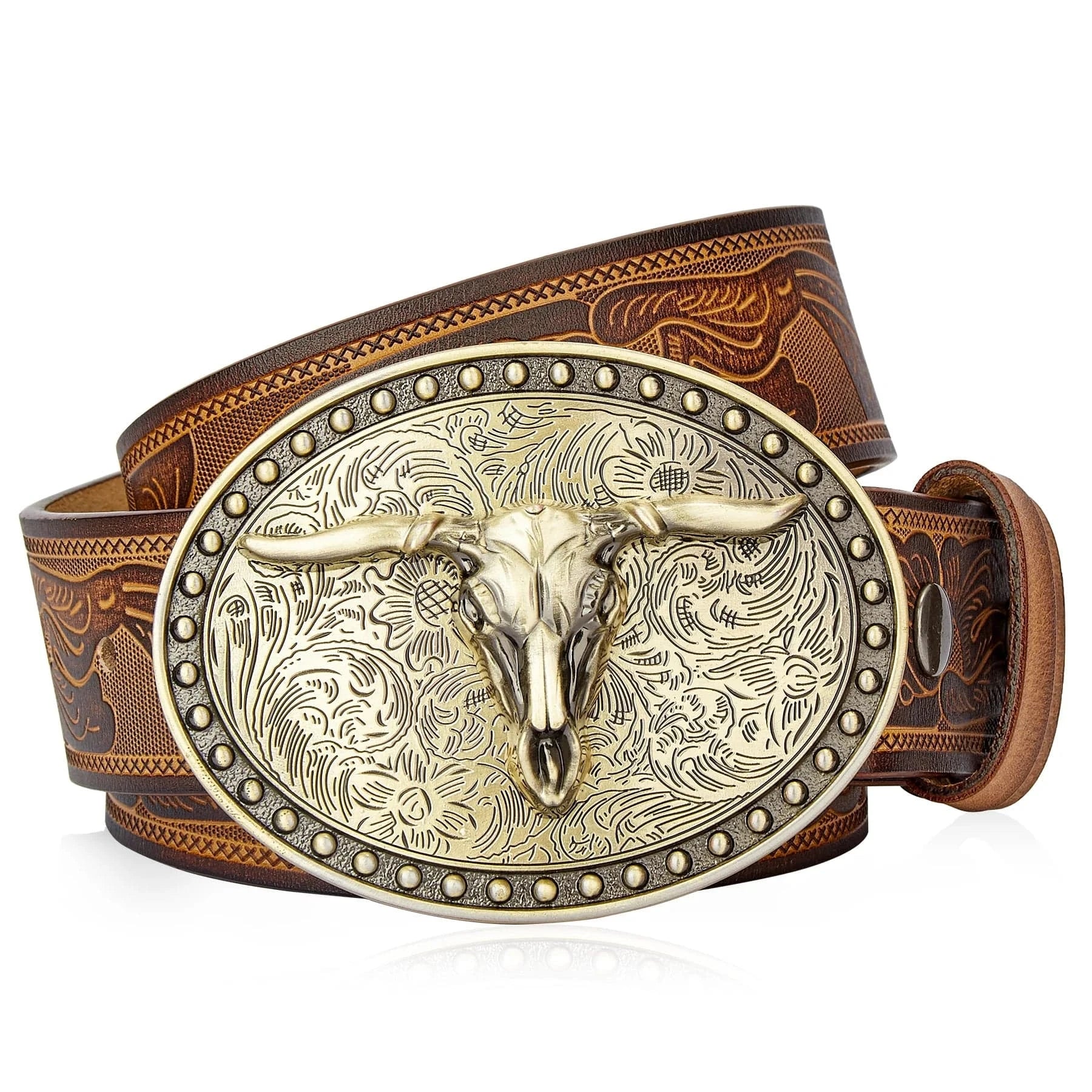 Westernbälte i Präglat Läder med Guldfärgat Longhorn-spänne Brun 2 / 105cm
